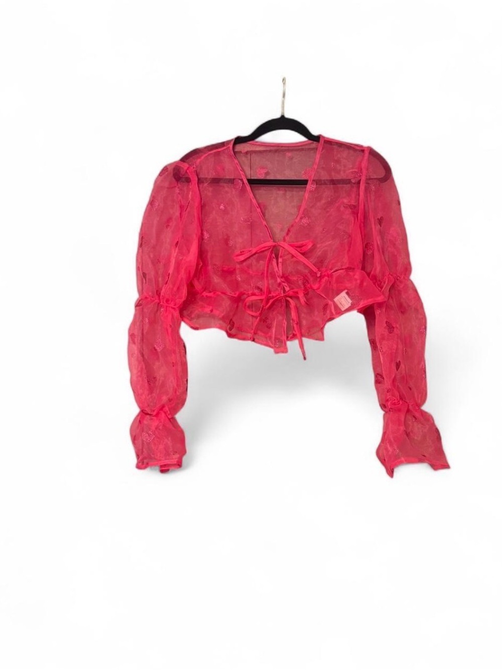 Sheer Cropped Blouse Tie-Front bows hearts sparkly puffy v neck long sleeve